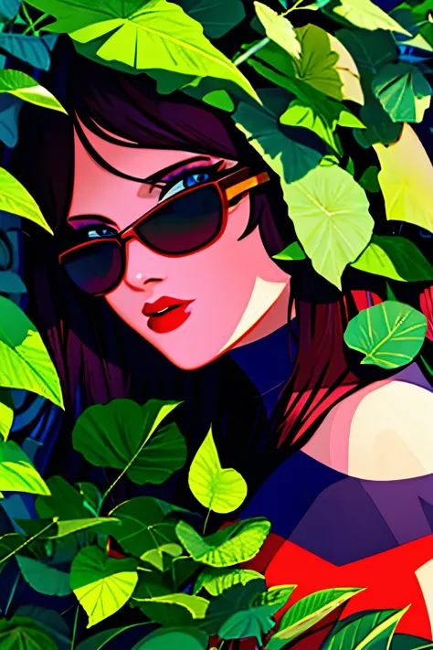 illustration
leaf
green theme
solo
no humans
plant
blue eyes
looking at viewer
sunglasses
outdoors
red lips
makeup
pokemon (crea...