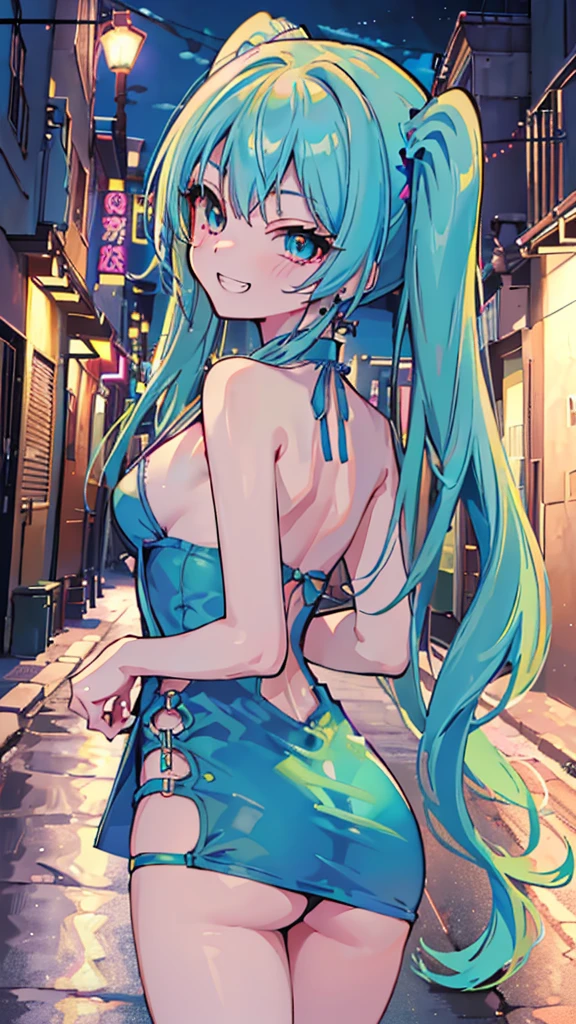 (8K、Highest image quality、highest quality、masterpiece)、detailed face、((one ))、mesugaki、blue greenhair、twintails、blue greeneye evil smile、((grin))、small breasts、((pink bodycon))、cowboy shot、((Back alley background at night))