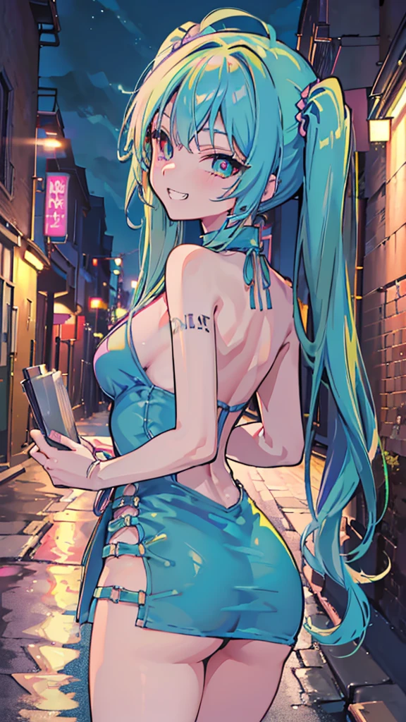 (8K、Highest image quality、highest quality、masterpiece)、detailed face、((one ))、mesugaki、blue greenhair、twintails、blue greeneye evil smile、((grin))、small breasts、((pink bodycon))、cowboy shot、((Back alley background at night))