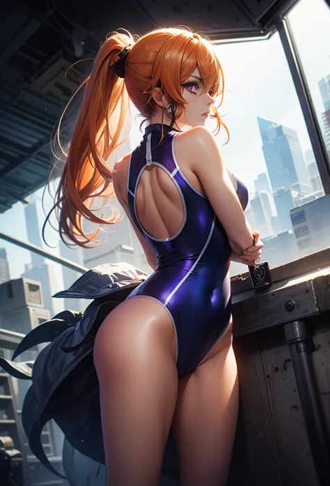 erinanakiri, erina nakiri, long hair, orange hair, (purple eyes:1.1), hair between eyes, frown, angry,
break (competition swimsu...