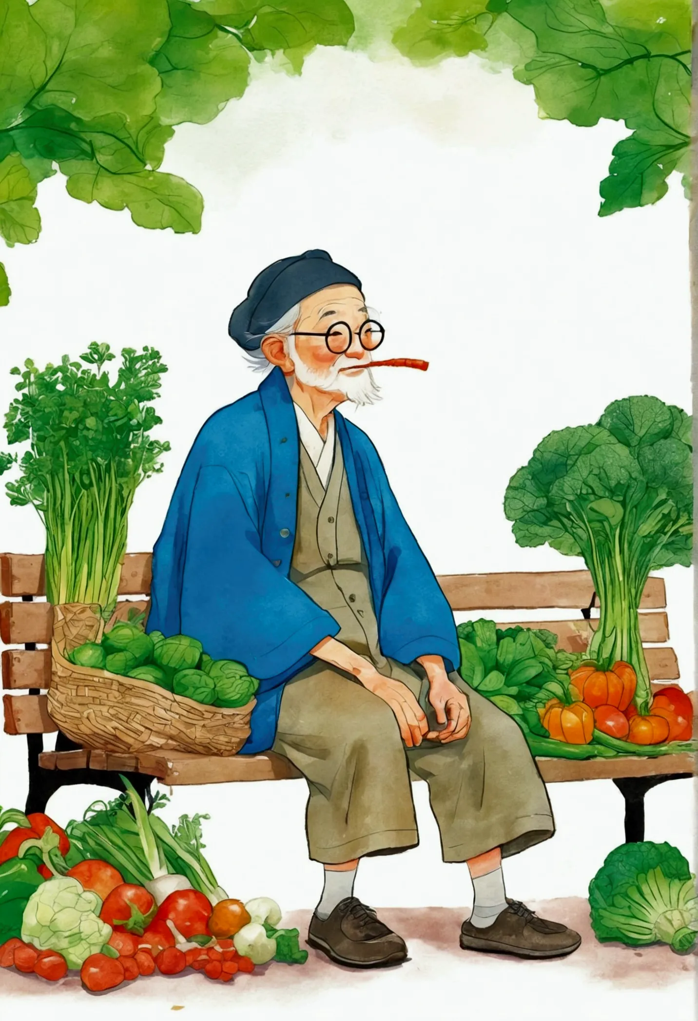 An old man sitting on a bench，A cartoon illustration with a bunch of vegetables around, Comic Cover, Inspired by Qu Leilei, old ...