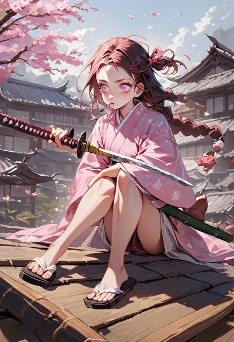 a female character, wearing a plain colored kimono, named "nezuko" in the story "demon slayer" with pink eyes, flip-flops, with ...