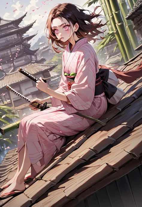 a female character, wearing a plain colored kimono, named "nezuko" in the story "demon slayer" with pink eyes, flip-flops, with ...