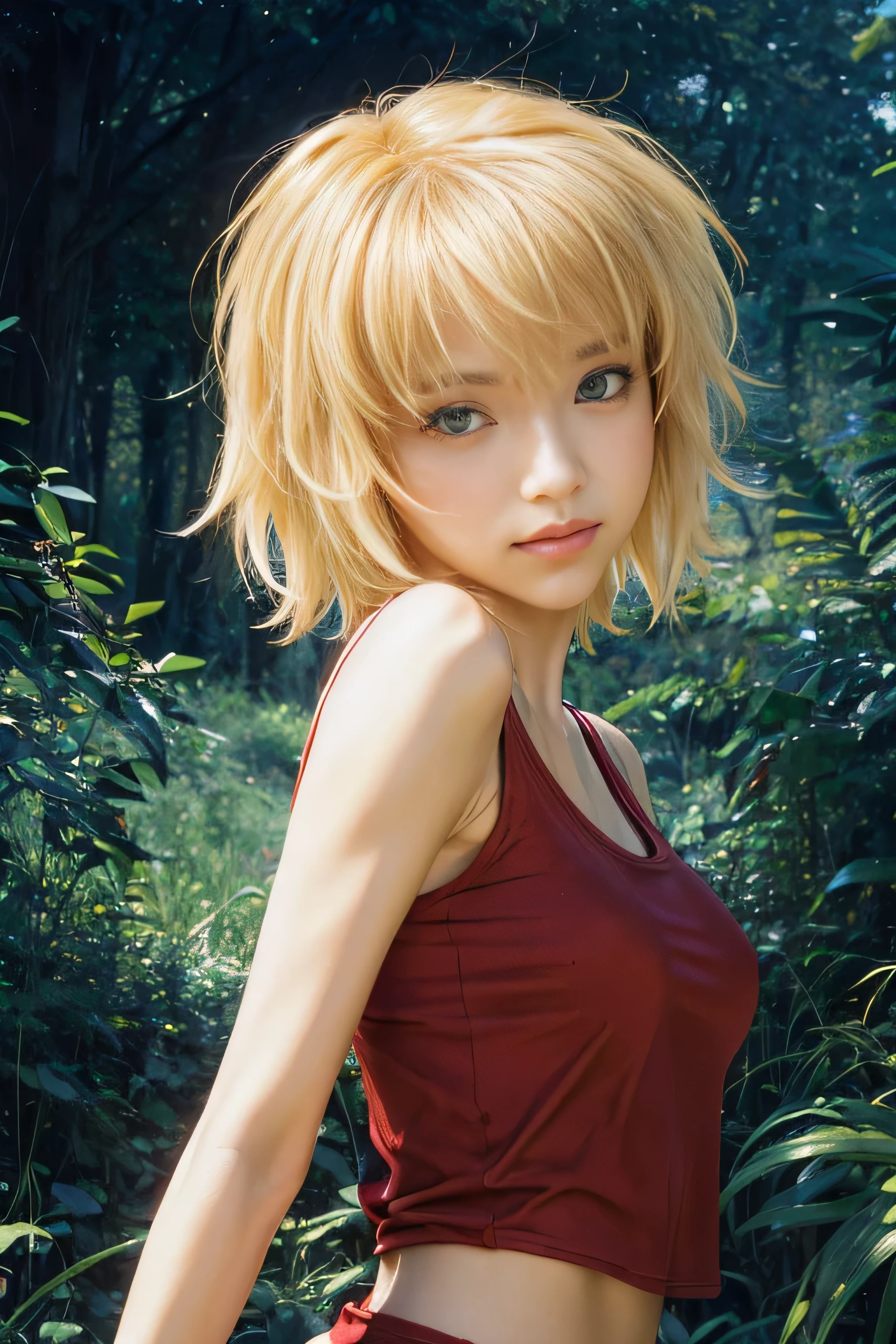 masterpiece, best quality, (realistic,photo-realistic:1.4), (RAW photo:1.2), extremely detailed CG unity 8k wallpaper, delicate and beautiful, amazing,finely detail, official art, absurdres, incredibly absurdres, huge filesize, ultra-detailed,extremely detailed eyes and face,light on face,(little smile),(blonde hair:1.4),(short hair:1.4),(wearing red tanktop:1.5),(nature background:1.4),(hair between eyes:1.5),(caramel eyes:1.6)