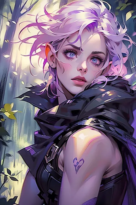 ((ultra realistic illustration:1.2)),(dark fantasy:1.4), In a mystical forest. Beautiful Elven mage. Wild (magenta hair), violet...