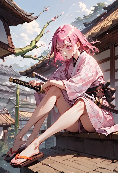 a female character, wearing a plain colored kimono, named "nezuko" in the story "demon slayer" with pink eyes, flip-flops, with ...