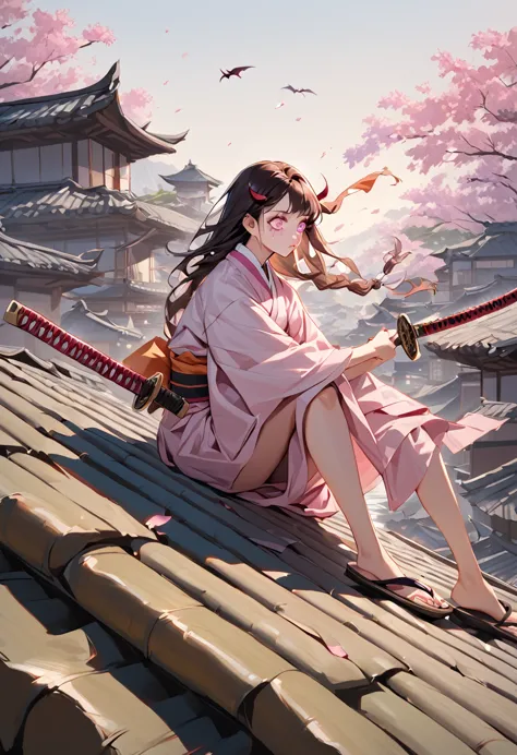 a female character, wearing a plain colored kimono, named "nezuko" in the story "demon slayer" with pink eyes, flip-flops, with ...