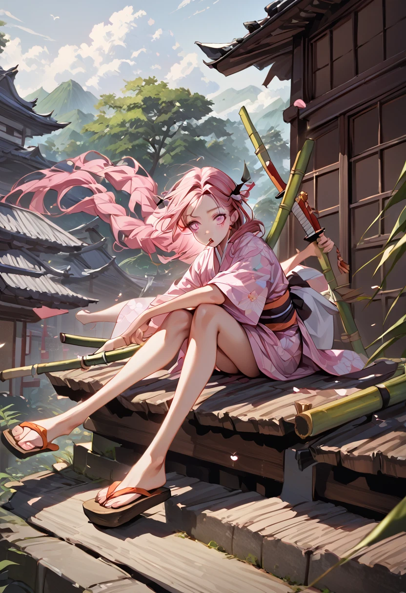 a female character, wearing a plain colored kimono, named "NEZUKO" in the story "demon slayer" with pink eyes, flip-flops, with a mouth that is biting pieces of bamboo, is sitting on a roof tile while holding a katana, with realistic cherry blossom effects flying