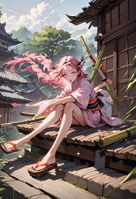 a female character, wearing a plain colored kimono, named "nezuko" in the story "demon slayer" with pink eyes, flip-flops, with ...