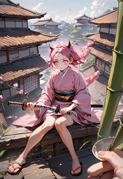 a female character, wearing a plain colored kimono, named "nezuko" in the story "demon slayer" with pink eyes, flip-flops, with ...