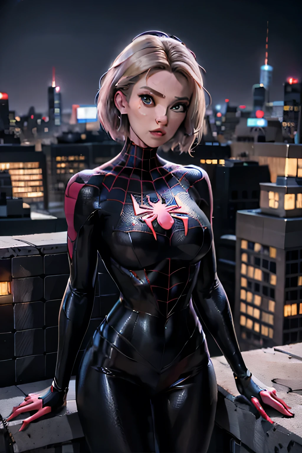 gwen stacy, Assymetric bob with side shave, new York skyline at night  background, rooftop ledge, , spiderman, milessuit , (unmasked), ,