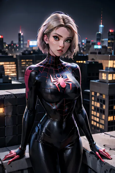 gwen stacy, assymetric bob with side shave, new york skyline at night  background, rooftop ledge, , spiderman, milessuit , (unma...