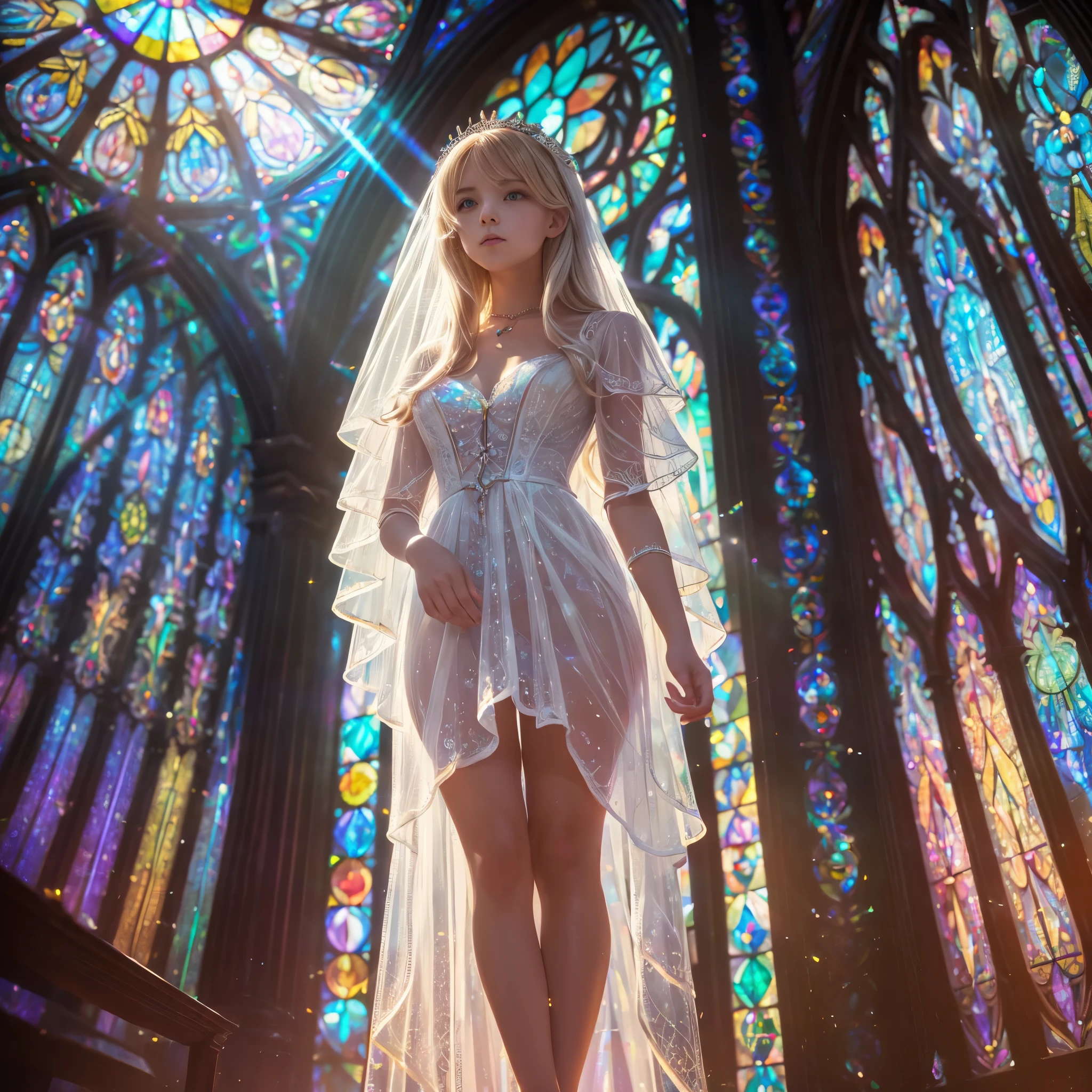  (Cathedral from below:1.28) (ZoomLayer) TopQuality 8K masterpiece of ((Professional photo)), (((Clarisse de Cagliostro))) (Detailed White WeddingDresses), Chain, (((Extremely detailed KAWAII face))) {((VeiledFace))|BlondeHair|(Elaborate BuleEyes)with(SparklingHighlights:1.28)}, The background is distant (((Elaborate stained glass))) Rainbow Glass, {(MysticSight)|EnchantingAtmosphere|Haze|(GodRays)|TyndallEffect}, Radiant PearlSkin with Transparency, (Exposed:0.39)