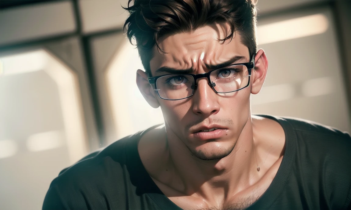 "((highly detailed, detailed eyes, detailed face, clear and realistic facial features, photorealistic, realistic light; cinematic)),(((((1 person))))), (((attractive nerd dorky 18-year-old guy))), ((((irritated angry look)))), ((blushing)), (((((thick ugly nerd glasses))))), ((brown hair)), ((((ugly hairstyle)))), ((slender build)), (((sexy lips))),((bad teenage skin)), ((light brown eyes)), (((nerdy clothes))), (((gay)))."