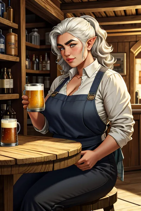 1girl, young female gnome, short and robust, short and disheveled white hair, pointed ears, dark brown eyes, freckles, thin lips...