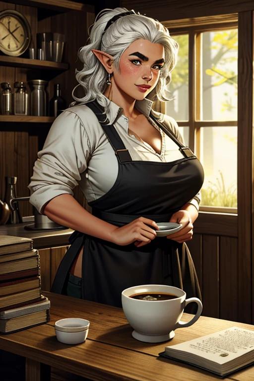 1girl, young female gnome, short and robust, short and disheveled white hair, pointed ears, dark brown eyes, freckles, thin lips, skittish and suspicious look, thick eyebrows, round face, large breasts with cleavage, wide hips, thick thighs, sitting in rustic wooden armchair, drinking mug of beer, 1boy, young male gnome, disheveled white hair, pointed ears, thick eyebrows, dark brown eyes, thick and curly beard, robust male gnome, enthusiastic smile, right behind wife with mug of beer, wearing tavern keeper's apron, very beautiful and detailed living room of rustic medieval house, perfect lighting, (best quality,4k,8k,highres,masterpiece:1.2),ultra-detailed,(realistic,photorealistic,photo-realistic:1.37),HDR,UHD,studio lighting,ultra-fine painting,sharp focus,physically-based rendering,extreme detail description,professional,vivid colors,bokeh,fantasy,illustration