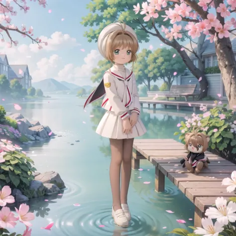 (masterpiece),  outdoor,  cherry blossoms,  petal,  sunlight,  lake,  one girl,  blush,  smile,  medium hair,  sailor suit,long ...