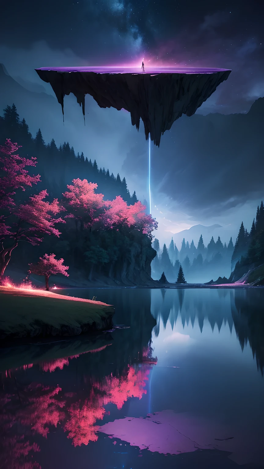 Photographs that capture the essence of a magical dream world. An epic cliff，Hanging over a beautiful lake, Surreal and vivid colors illuminate its reflection. The atmosphere is otherworldly, The soft night light casts a flowing shadow. The image creates a sense of depth and mystery, It&#39;s as if the audience is taken into another dimension., Create beautiful and memorable work. Shot with Canon EosIII Zeiss 120mm wide angle lens