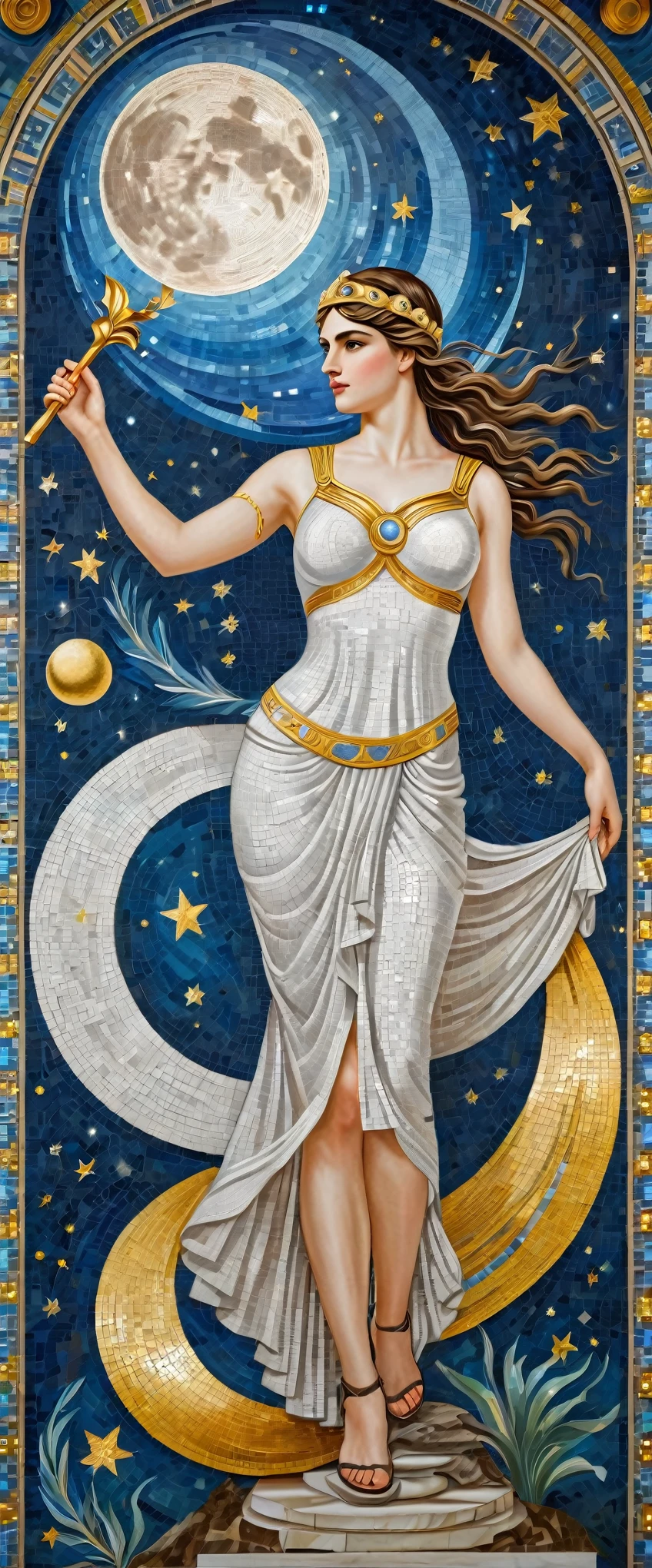 (8k, Highest quality, masterpiece)，(Realistic, RAW Photos, Super Fine Clear), Realistic Light, mural, Beautiful girl mosaic, Beautiful mosaics, constellation, moon, Detailed depiction, ((Greek Mythology, Athena, Slim body, Waistline, huge bouncing busts, Alluring, Vibrant, Ancient Greek Costume))