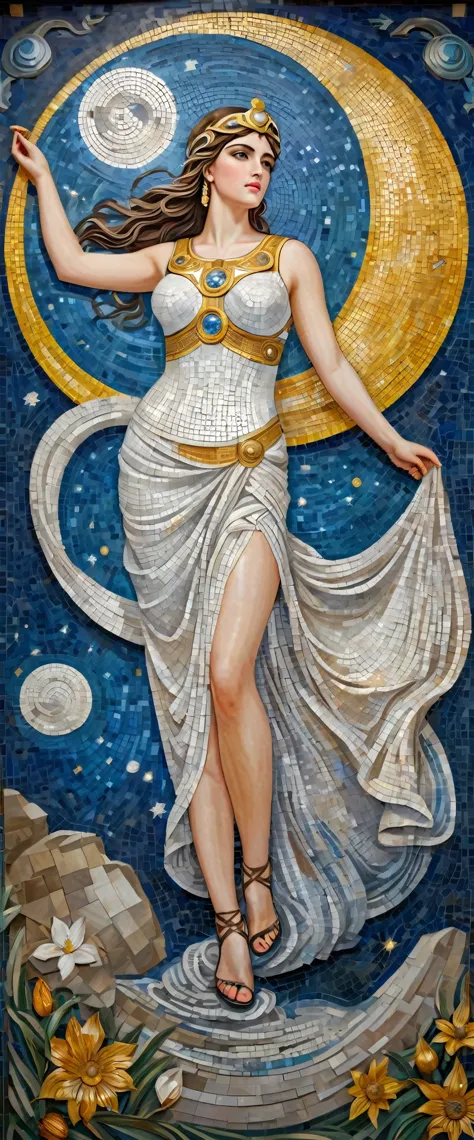 (8k, Highest quality, masterpiece)，(Realistic, RAW Photos, Super Fine Clear), Realistic Light, mural, Beautiful girl mosaic, Beautiful mosaics, constellation, moon, Detailed depiction, ((Greek Mythology, Athena, Slim body, Waistline, huge bouncing busts, Alluring, Vibrant, Ancient Greek Costume))