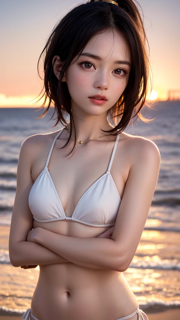 One Girl，(1人のとてもcute女の子:1.3)，masterpiece，Highest quality，High resolution，From below，Low - Angle，Photorealistic，RAW Photos，Ray Tracing，Physically Based Rendering，beautiful girl，(15 years old:1.3)，cute，Big eyes，(detailed pupils:1.2)，(The face is facing straight ahead:1.3)，Body facing forward，Beautiful nose，High nose，Upturned nose，Fuller lips，Short black hair，ponytail，short hair，Detailed eyelashes，Thin eyebrows，Very fine grain definition，(Symmetrical eyes，Golden Ratio:1.3)，(Face close-up，Face Focus:1.0)，Small breasts，Short neck，White swimsuit，White Bikini，The background is the sea，Southern Island，sunset，Sunset，Portrait，View Viewer，Upper Body，Cinema Lighting，High resolution，Very detailed