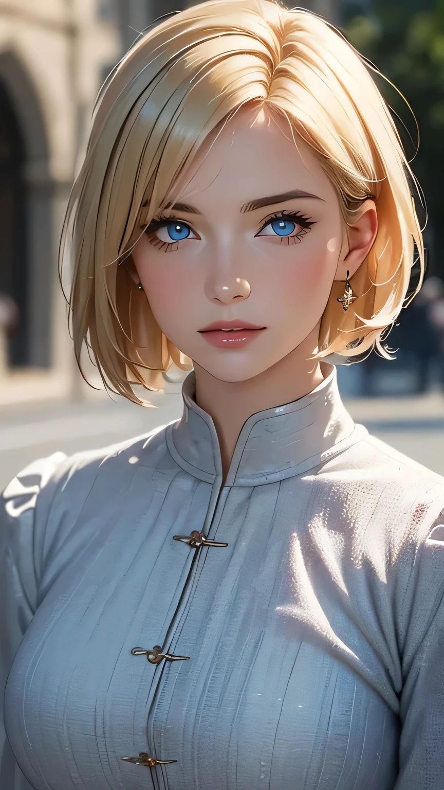 (highest quality,4k,8K,High resolution,masterpiece:1.2),Super detailed,realistic:1.37,portrait,blonde,blue eyes,white skin,medieval clothing,detailed facial features,beautiful lips,gorgeous eyes,A wonderful expression,retro style,soft lighting,Bright colors,short hair,break,cowboy shot,