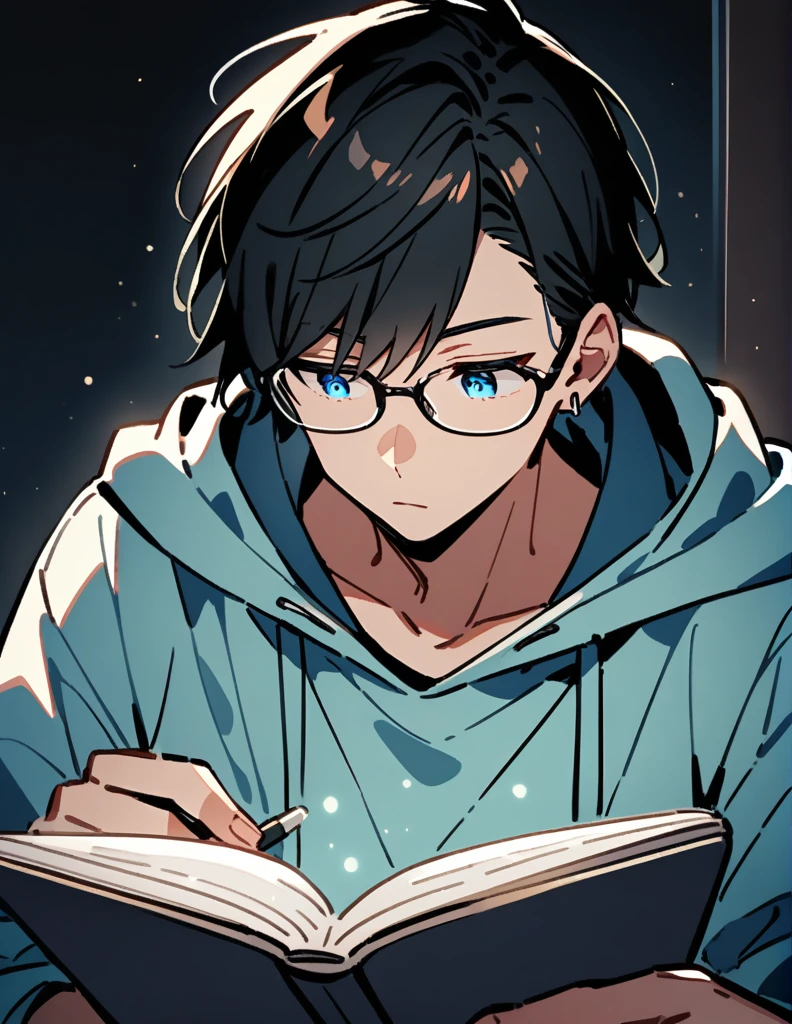 teenage boy, black hair, blue eyes and wearing glasses, with silver earrings, wearing light blue sweatshirt, and using his notebook in the dark

