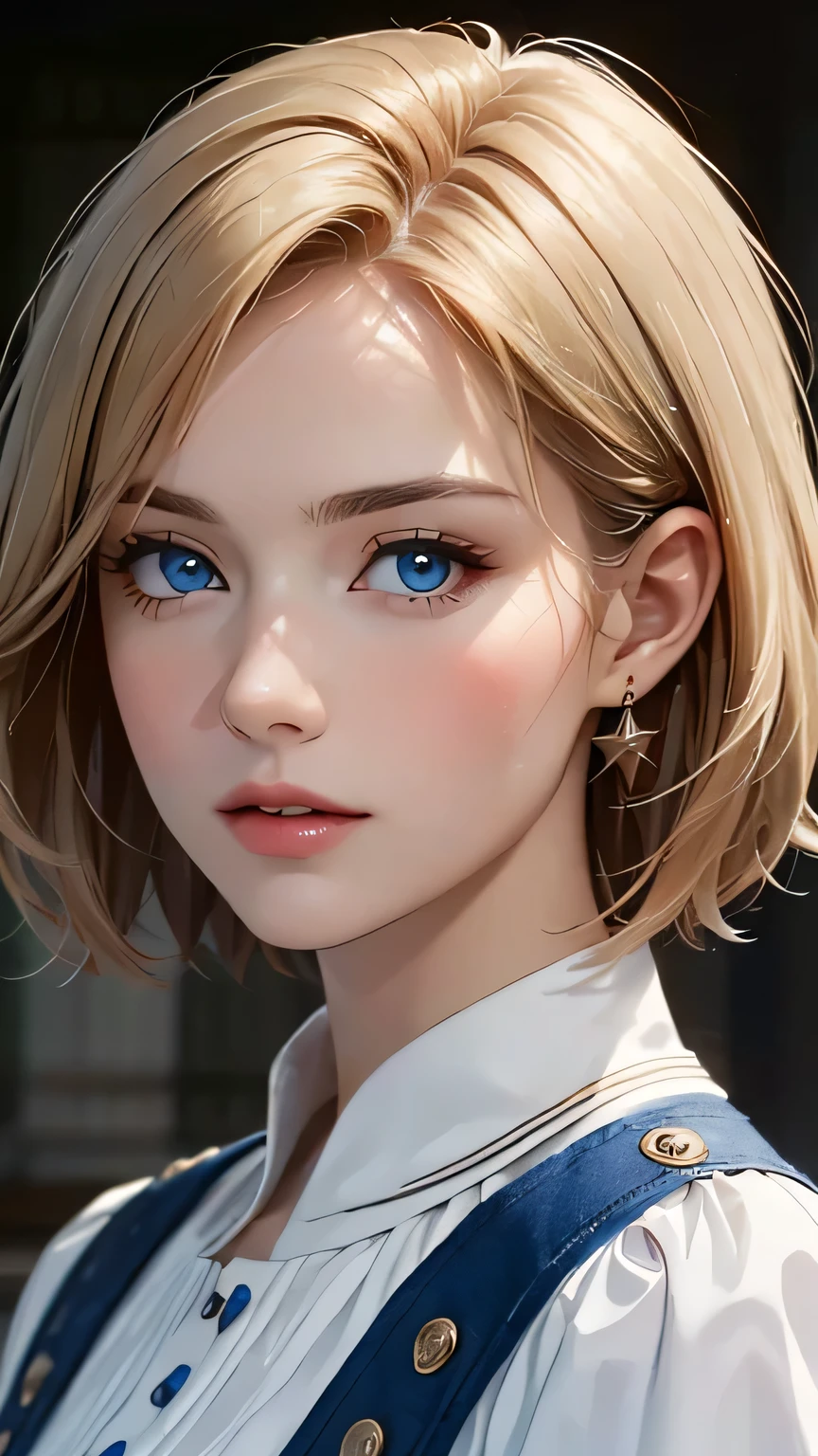 (highest quality,4k,8K,High resolution,masterpiece:1.2),Super detailed,realistic:1.37,portrait,blonde,blue eyes,white skin,medieval clothing,detailed facial features,beautiful lips,gorgeous eyes,A wonderful expression,retro style,soft lighting,Bright colors,short hair,break,cowboy shot,