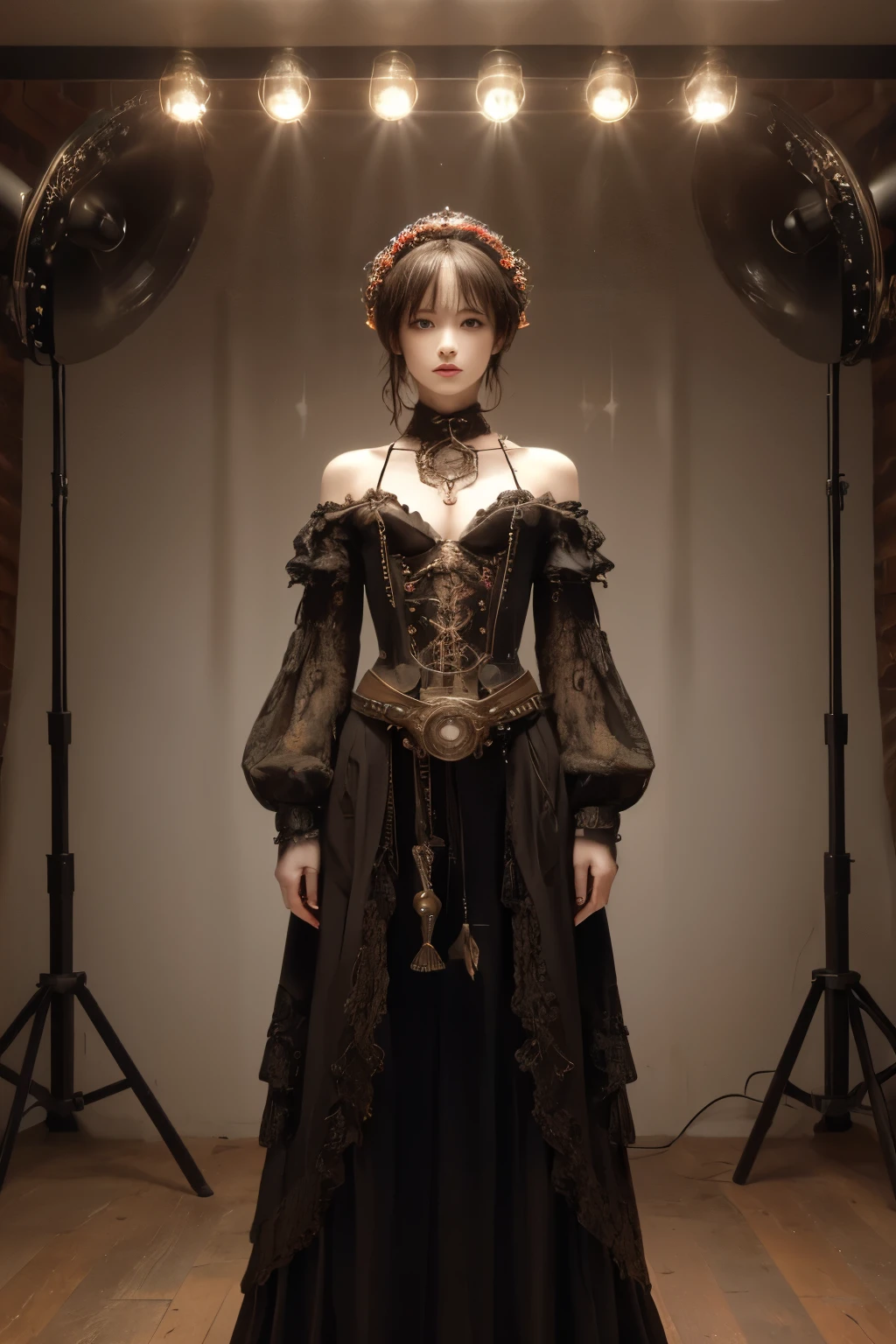 (((Full length image,View from the front))),Japan Maiden 、 ((Ultra-Realistic Details)) 、 Portrait 、 Global Illumination 、 Shadowy 、 Octane Rendering 、 In 8K 、 Super sharp 、 Steampunk Body 、 Metal 、 Exquisite decorative details 、 Cool colors 、 More about Gothic Lolita 、 Very intricate details 、 Realistic Light 、 CG Trends、Golden Eyes、Shining Eyes、To the camera、Neon Details、、Visible crackachinery Partechanical vertebrae attached to the back of the blood vessels connected to the tubes、A mechanical cervical tube worn around the neck、upright posture、Wired and cable connected to head、The background is a steampunk room