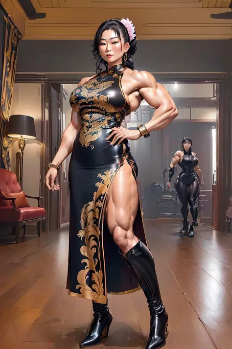 Muscular woman in a Chinese dress、A woman with a massive muscular physique、((The muscles of the whole body are heaving))、(Very t...