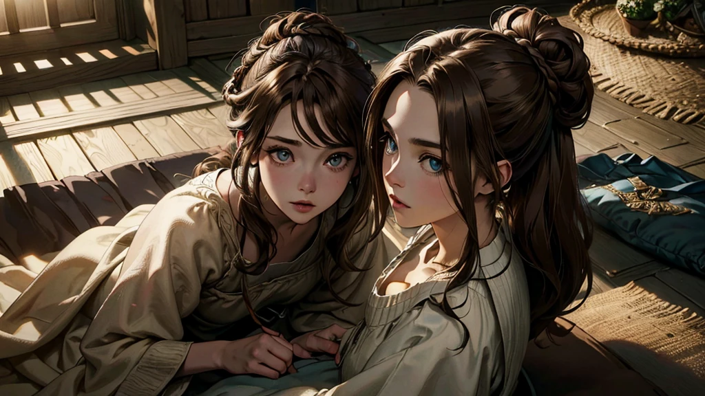 One, ((masterpiece)),((a high resolution)),((Best quality)), Very good and beautiful, super lovely illustration, (Realistic skin), (Insanely detailed anime eyes), mature, bright and beautiful, I look at the viewer, (linen loose peasant tunic, long skirt), tramp, peasant, lowborn, tramp, passenger, (medieval), ((Brown hair)), (((female))), cinema lighting, hair tied up in a bun, sloppy, perfect shadow, realistic Dark lighting, (Dark), shaded, long shadows, medieval scenery, costs