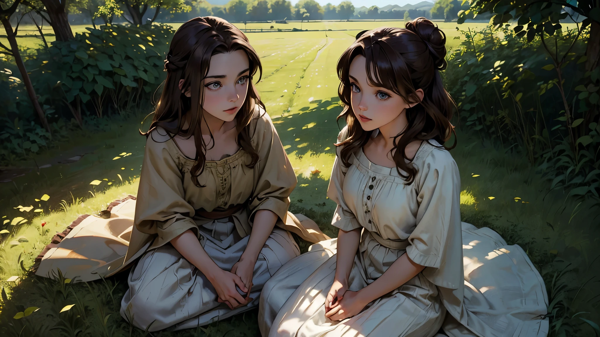 One, ((masterpiece)),((a high resolution)),((Best quality)), Very good and beautiful, super lovely illustration, (Realistic skin), (Insanely detailed anime eyes), mature, bright and beautiful, I look at the viewer, (linen loose peasant tunic, long skirt), tramp, peasant, lowborn, tramp, passenger, (medieval), ((Brown hair)), (((female))), cinema lighting, hair tied up in a bun, sloppy, perfect shadow, realistic Dark lighting, (Dark), shaded, long shadows, medieval scenery, costs