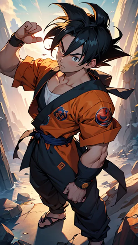 anime style, score_9, score_8_up, score_7_up, score_6_up, score_5_up, score_4_up, son goku, 1boy, 独奏, goku&#39;s face,black oran...