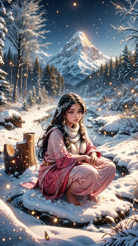 a indian woman sitting on a log in the snow, indian female, snow fall, beautiful indian woman sitting, beautiful indian girl squ...