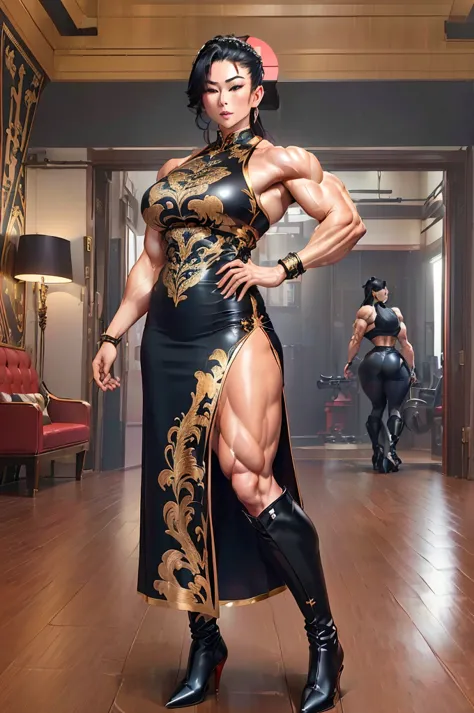Muscular woman in a Chinese dress、A woman with a massive muscular physique、((The muscles of the whole body are heaving))、(Very t...