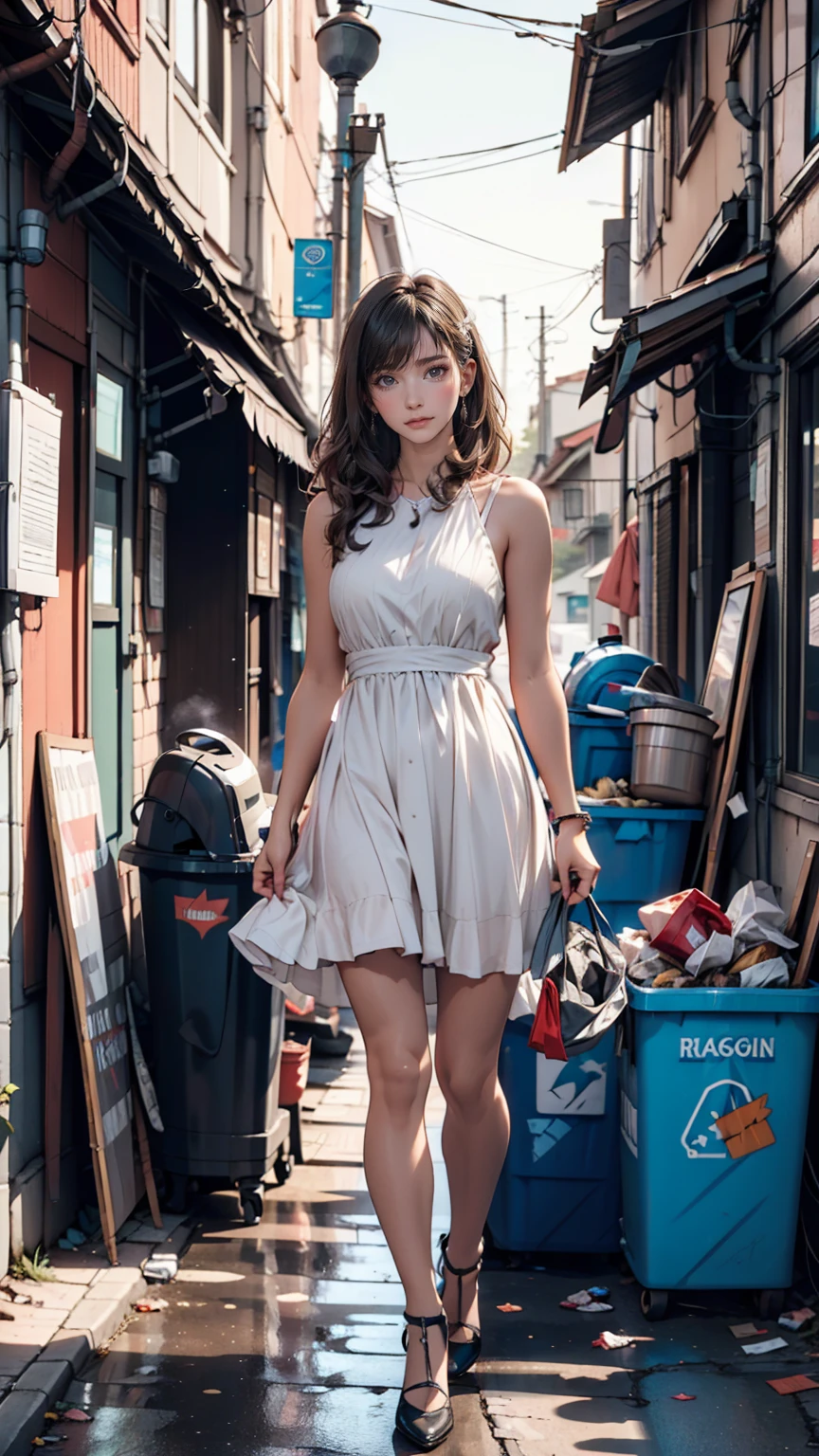 ((masterpiece, Highest quality)),girl, alone, dress, Are standing, Hello, alley, Outdoor, bangs, white dress, Gray Hair, Long Hair, Black footwear, Industrial Pipes, View your viewers, Air conditioning,Dim lighting, garbage, garbage bin, hxh2011 