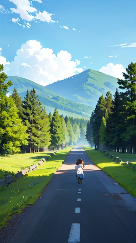 draw a scene of a child walking on a country road lined with trees and houses. ”
"at the end of the road is a green forest, and ...