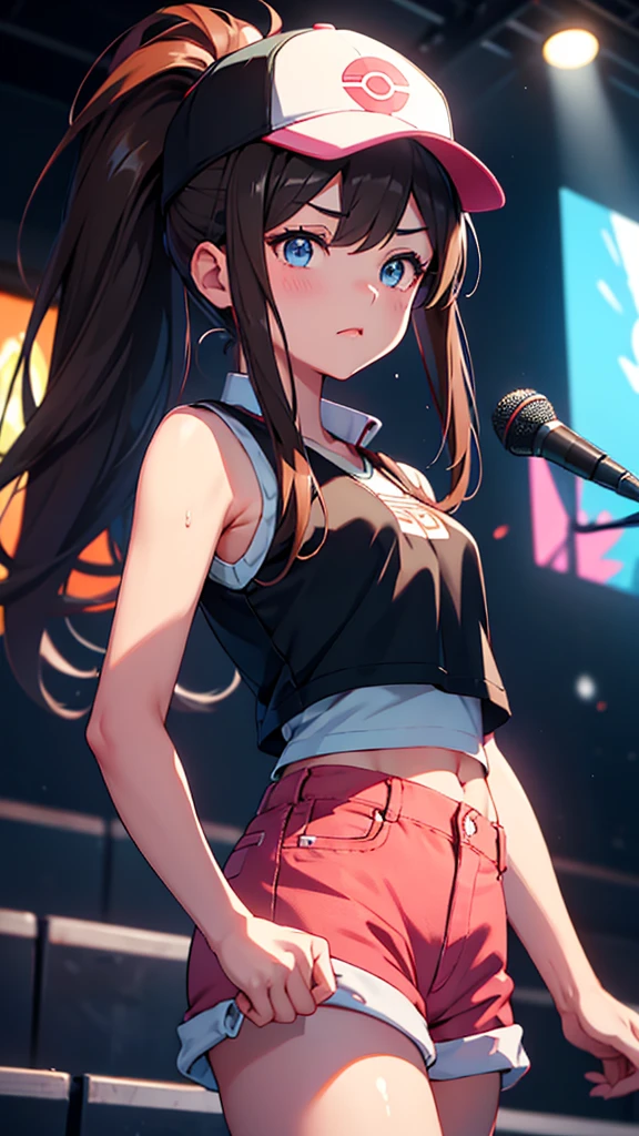 Highest quality, Very detailedな, Highest quality, Very detailed, beautiful, masterpiece, 8k, 
break Pokemon Hilda, Pokémon Trainer, cute女の子, Brown Hair, white and pink baseball cap, ponytail, Very detailed目, blue eyes, Jeans Shorts, White sleeveless top, black vest, cute, Glossy Lips, 
BREAK
(Make a frown:1.1), (Gazing at the audience:1.5), ,(Ecstasy:1.3) ,(Vulgarity:1.3),(Wet:0.8),(Drooling:0.6),(Sweat:0.8),

