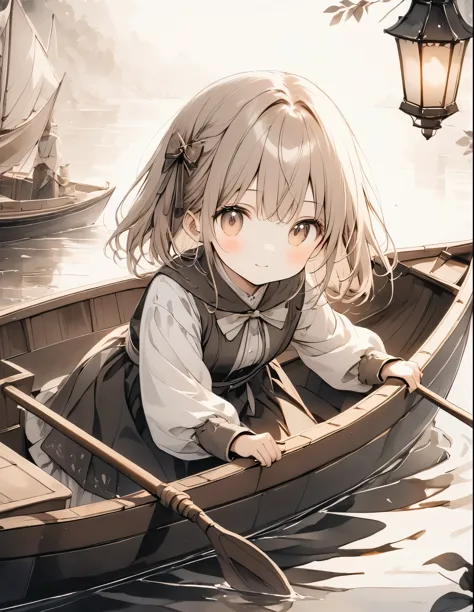 Watercolor,Sepia stained old paper、fading border, negative space、High Contrast、(8k, Highest quality)、Ultra-high resolution、Adorable、Highest quality, beautiful, Absurd beauty、masterpiece、Best image quality、Woman rowing a small boat,Medieval boat,There is a lantern on the bow of the boat.、cute、Close-up