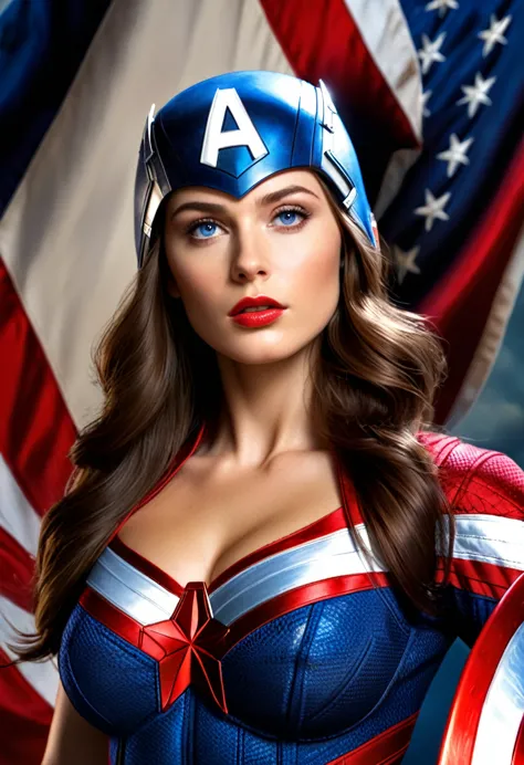 female capitan america from marvel, long brunette hair, blue eyes, stunning body, high detail, american propaganda poster, reali...