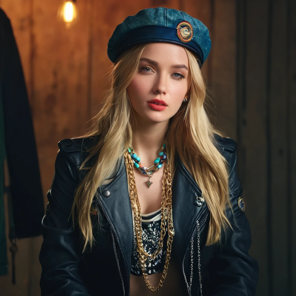 AnadeArmas,Realistic photo of a beautiful woman, 1girl, solo, long hair, hat, jewelry, blond hair, jacket, multicolored hair, necklace, bracelet, lips, realistic, fashion, soft lighting, professional Photography, Photorealistic, detailed, RAW, analog, sharp focus, 8k, HD, DSLR, high quality, Fujifilm XT3, film grain, award winning, masterpiece