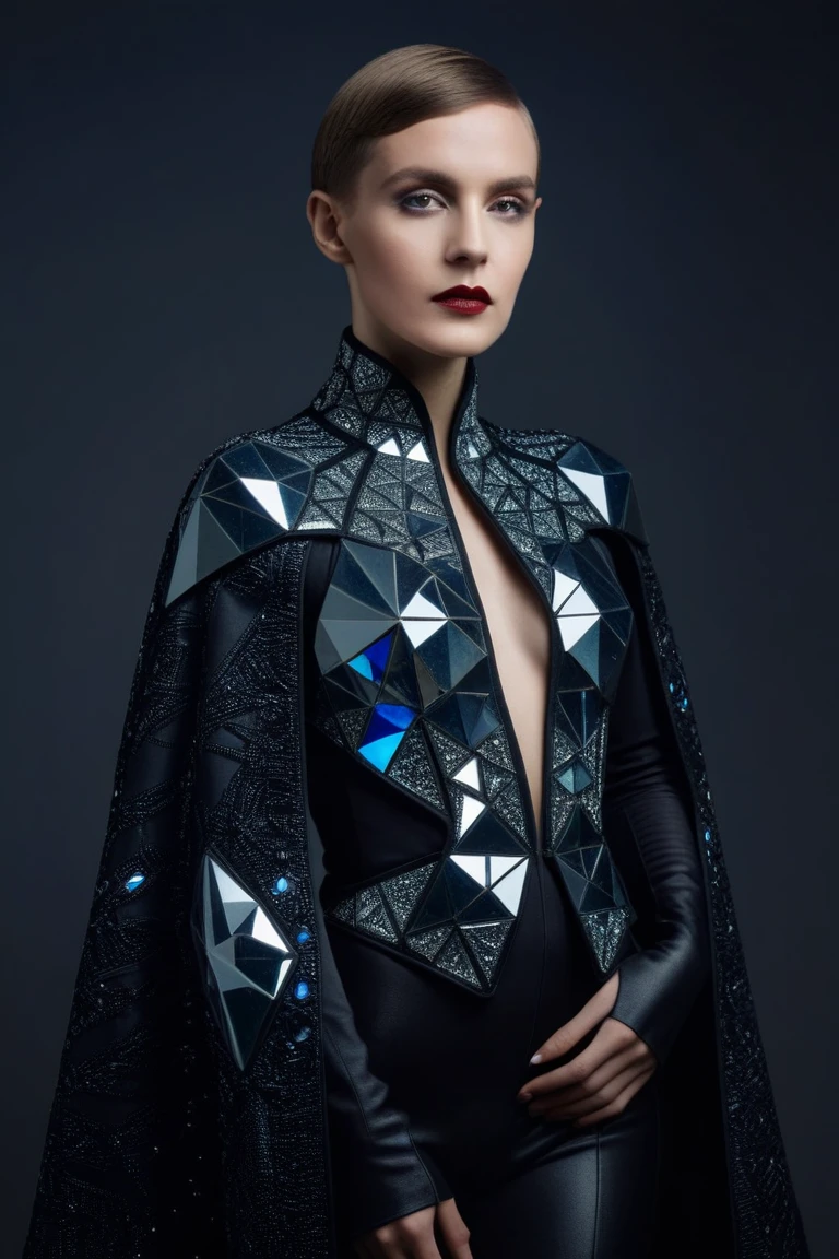 [art by Barbara Stauffacher Solomon and (Brassaï:1.2) ::12], photograph, Lively slim Cyberpunk Trinity, she is wearing her Baroque Crystal Cubism fashion style Cape, Relaxed, Nikon d850, F/1.8, dark, haute couture