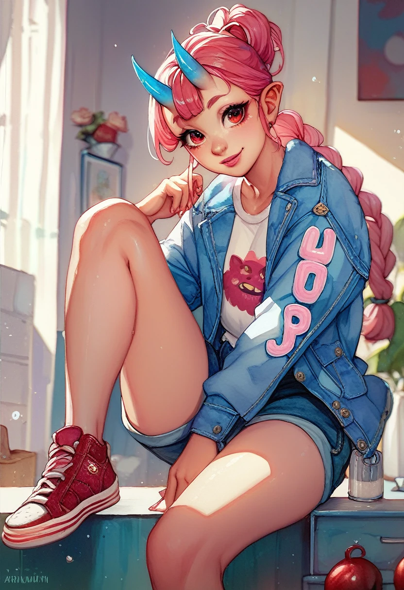 a cute oni girl with small blue horns, long pink hair tied with a red ball clip, red eyes, pink lips, light brown skin, dressed in casual style, white t-shirt, denim jacket, shorts, shoes, cute style, watercolor, HD