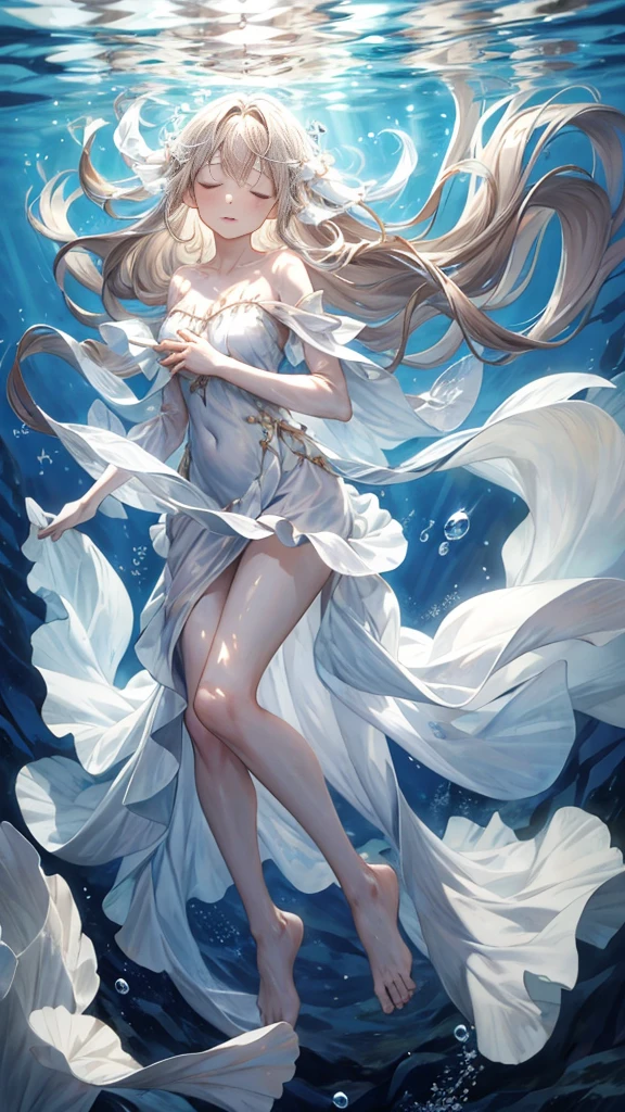 schlafen, an artwork of a woman in white Kleid and flowing white hair under water, 1 Mädchen, Kleid, Unterwasser, allein, lange Haare, Schließe deine Augen, braune Haare, air Blase, barfuß, Blase