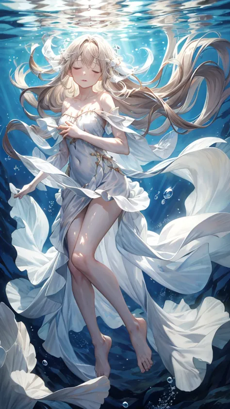 sleep, an artwork of a woman in white dress and flowing white hair under water, 1 girl, dress, Underwater, alone, Long Hair, clo...