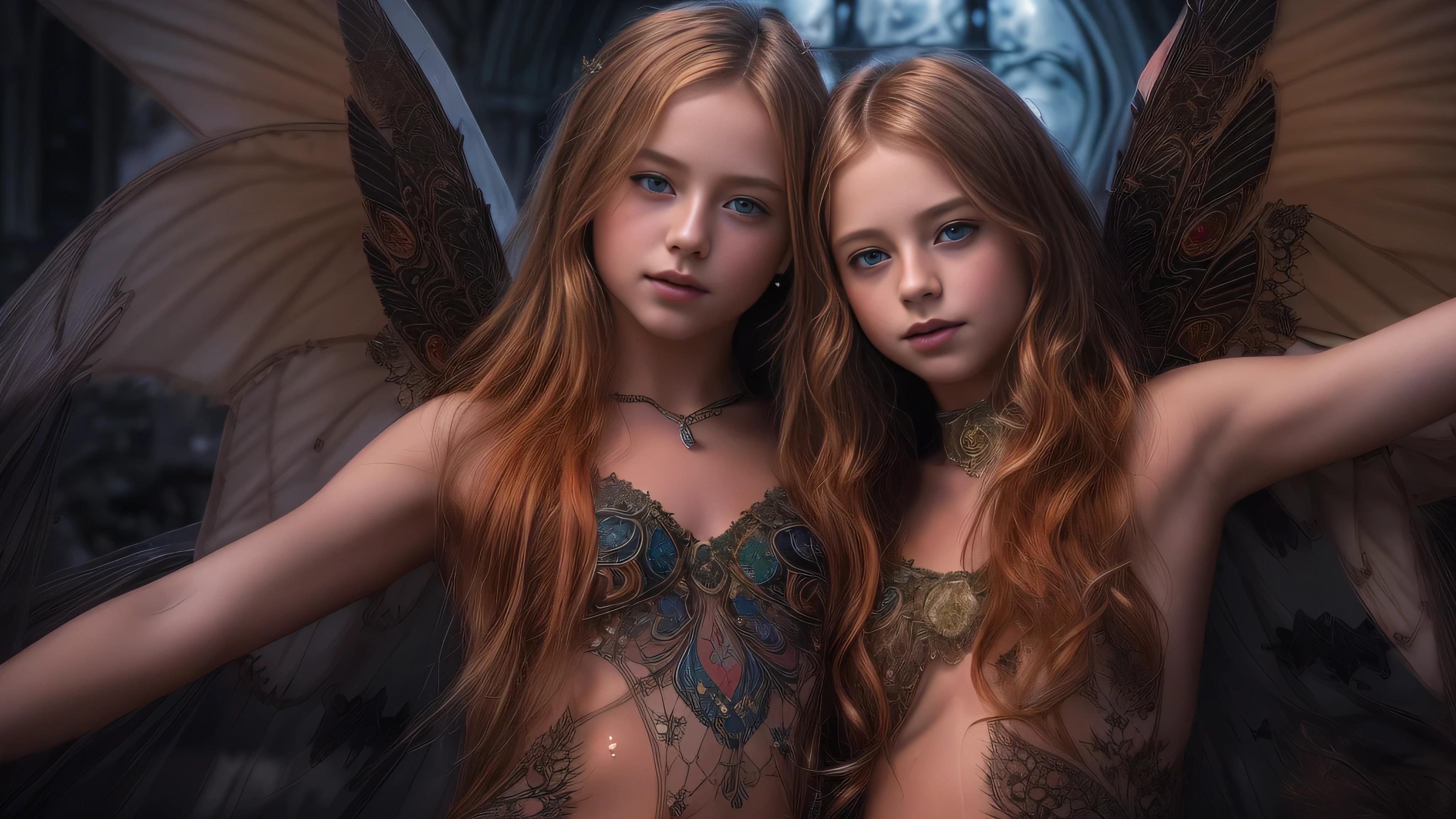 (two Kristina Pimenova in passionate embrace, long ginger hair teen girls, as beautiful and delicate nude fairy, tiny and enchanting without bra and naked, hand between legs:1.8),(intricate detail is carefully rendered, showcasing their intricate wings glistening in vibrant colors and their bodies adorned with intricate patterns:1.8), (naked, nude:1.8), ((Without clothes, no bra:1.8)),(long, messy hair, hair floating in the wind:1.6), blue eyes, detailed eyes, detailed lips, (lies nude, sensual, full body:1.5), (photo from different angles:1.5), (lies in stunning interior of an old gothic castle at night, moonlight, fog, dust:1.6), low neck, ray tracing, (best quality, 4k, 8k, high resolution, masterpiece:1.2), very detailed, (realistic , photorealistic, photorealistic :1.37), HDR, UHD, masterpiece, professional, vivid colors, bokeh, studio lighting