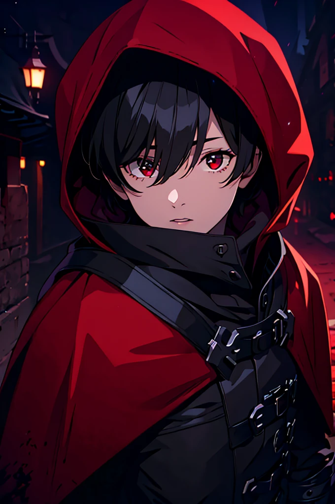 absurdres, (best quality), (masterpiece), (ultra detailed: 1.2), (photorealistic: 1.1), ultra high resolution, 1boy, black hair, hood, ground, hood up, red eyes, hair between eyes, short hair, black gloves, cape, long sleeves, coat, intricate detailed background, cinematic lighting, night, red moon, dark theme,