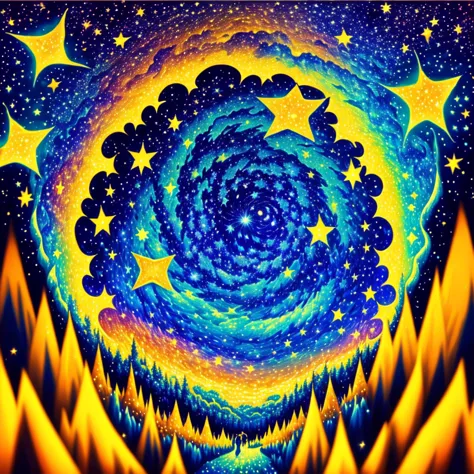 Sternennacht, shooting stars, dynamic colors, Van Gogh, psychedelic 