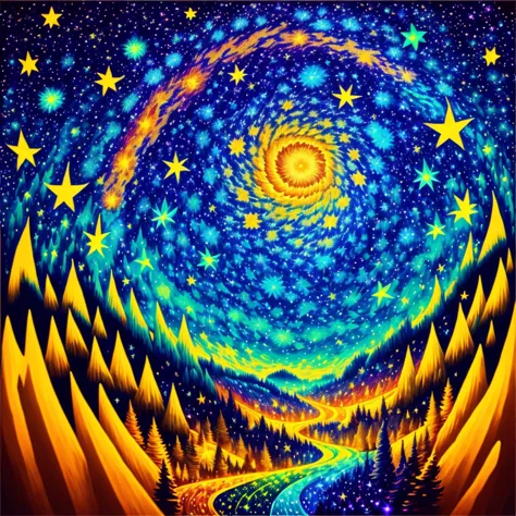 Sternennacht, shooting stars, dynamic colors, Van Gogh, psychedelic 