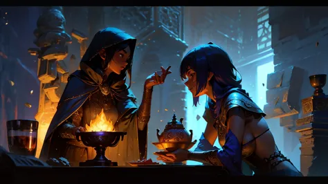 adventurers chatting in front of the fireplace、delicious meat dishes and cups on the table、adventurer sitting on a wooden chair、...